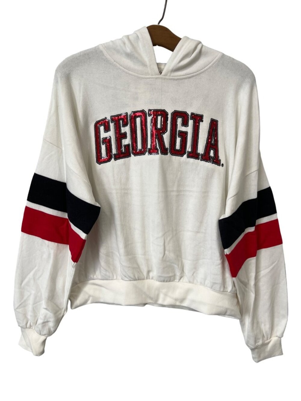 Pressbox Hoodie Sweatshirt Small Georgia Sequin Ivory Cream College Relaxed NEW